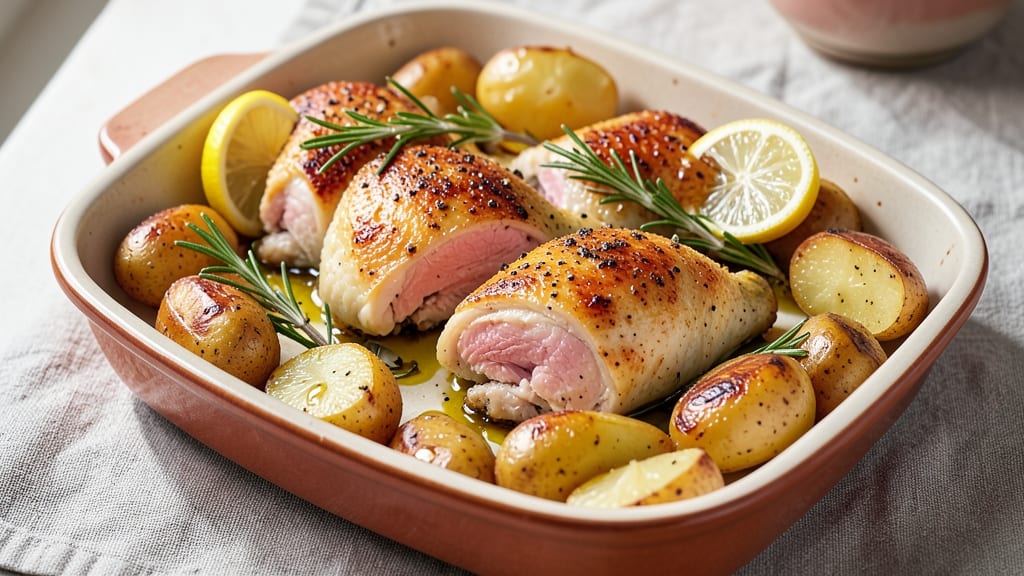 Baked Lemon Chicken and Potatoes Recipe: Zesty Herb Crust Meets Juicy Centers in One Pan
