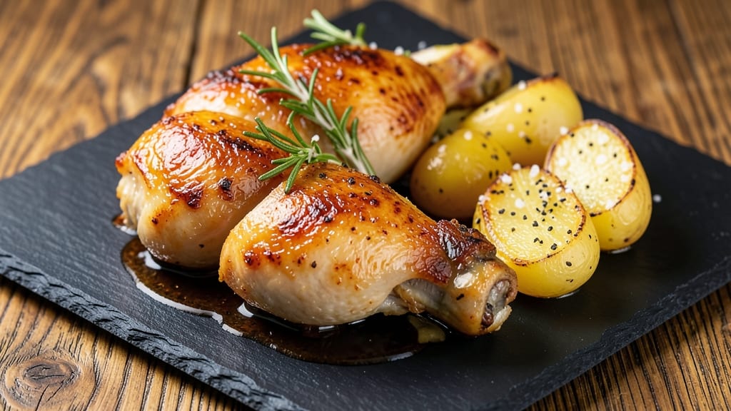 Baked Chicken Legs and Potatoes Recipe: Rosemary-Kissed Crisp Skin and Fluffy Spuds