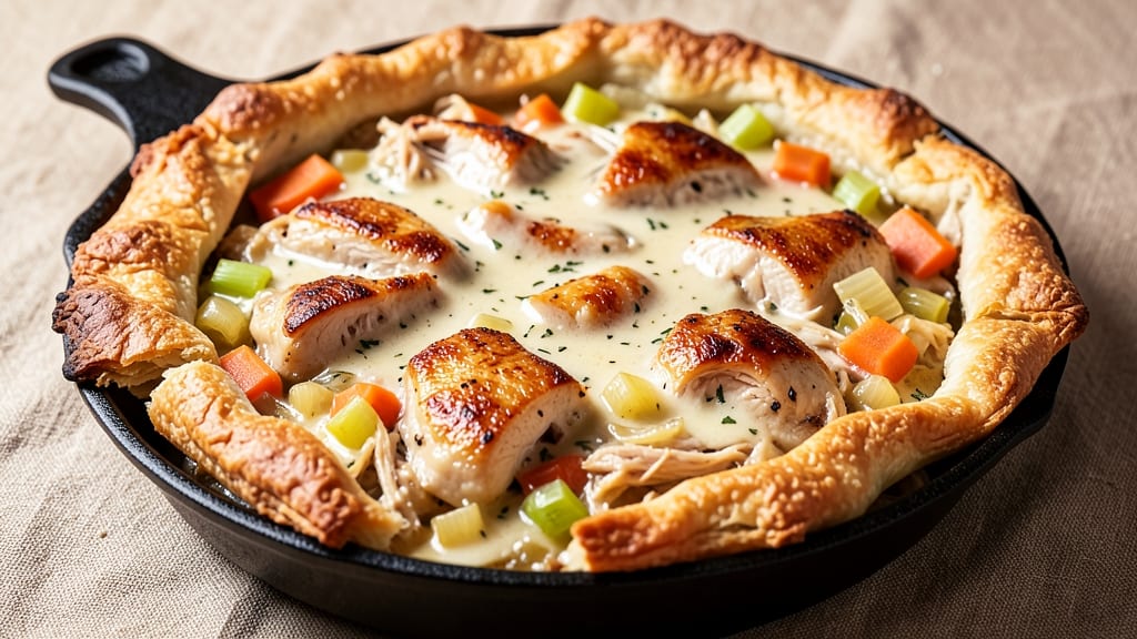 America's Test Kitchen Cast Iron Chicken Pot Pie Recipe: Flaky Pastry Crust Hugs Savory Herb-Filled Filling